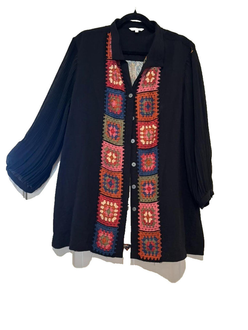 John Mark sz XL boho crochet granny square long sleeve black blouse EE